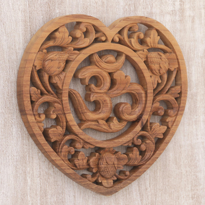 Wood relief panel, 'Om Love' - Hand Carved Balinese Om Motif Wood Wall Relief Panel