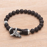 Lava stone beaded bracelet, 'Rugged Power' - Lava Rock Beaded Bracelet with Sterling Silver Buffalo