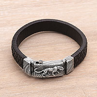 Men's leather and sterling silver wristband bracelet, 'Powerful Puma' - Men's Leather and Sterling Silver Wristband with Puma