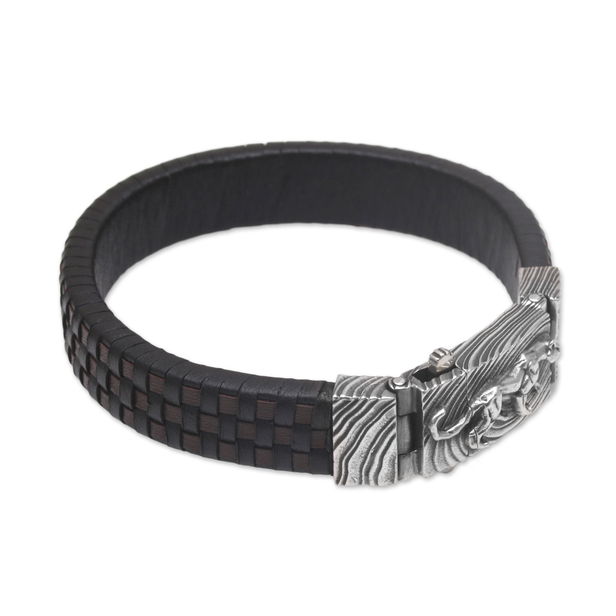 Men's Leather and Sterling Silver Wristband with Puma Powerful Puma