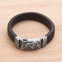 Men's leather and sterling silver wristband bracelet, 'Powerful Bison'
