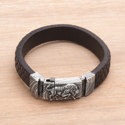 Men's leather and sterling silver wristband bracelet, 'Powerful Bison' - Men's Leather and Sterling Silver Wristband with Bison
