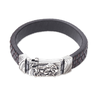 Men's leather and sterling silver wristband bracelet, 'Powerful Bison' - Men's Leather and Sterling Silver Wristband with Bison