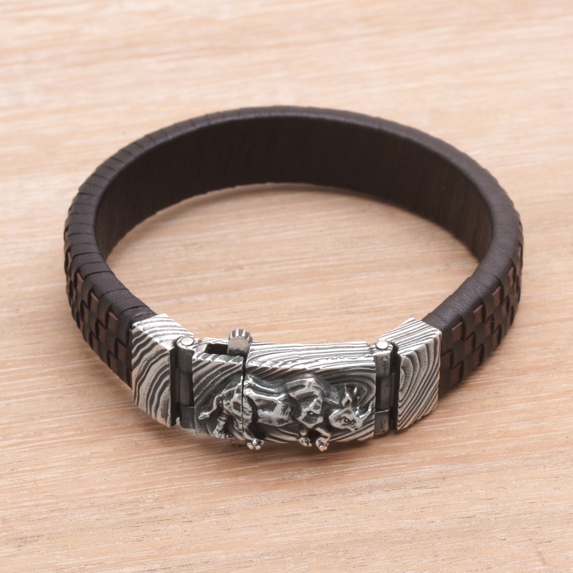 Men S Leather And Sterling Silver Wristband With Rhino Ful Men S Leather And Sterling Silver Wristband With Rhino Ful