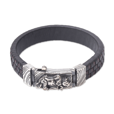Men's leather and sterling silver wristband bracelet, 'Powerful Rhino' - Men's Leather and Sterling Silver Wristband with Rhino