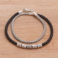 Leather and sterling silver wrap bracelet, 'Dual Power in Black'