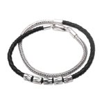 Leather and sterling silver wrap bracelet, 'Dual Power in Black' - Handmade Black Leather and Sterling Silver Wrap Bracelet