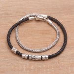 Leather and sterling silver wrap bracelet, 'Dual Power in Black' - Handmade Black Leather and Sterling Silver Wrap Bracelet