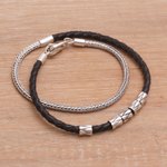Leather and sterling silver wrap bracelet, 'Dual Power in Black' - Handmade Black Leather and Sterling Silver Wrap Bracelet