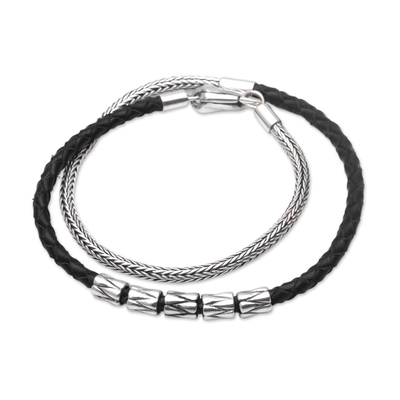 Leather and sterling silver wrap bracelet, 'Dual Power in Black' - Handmade Black Leather and Sterling Silver Wrap Bracelet