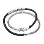 Leather and sterling silver wrap bracelet, 'Dual Power in Black' - Handmade Black Leather and Sterling Silver Wrap Bracelet