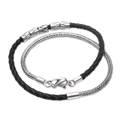 Handmade Black Leather and Sterling Silver Wrap Bracelet - Dual Power ...