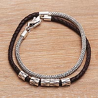 Leather and sterling silver wrap bracelet, 'Dual Power in Brown'