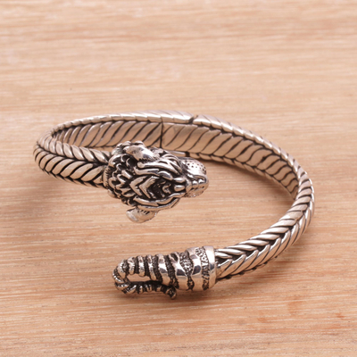 Sterling silver cuff bracelet, 'Fierce Tiger' - Unisex Sterling Silver Tiger Cuff Bracelet from Indonesia