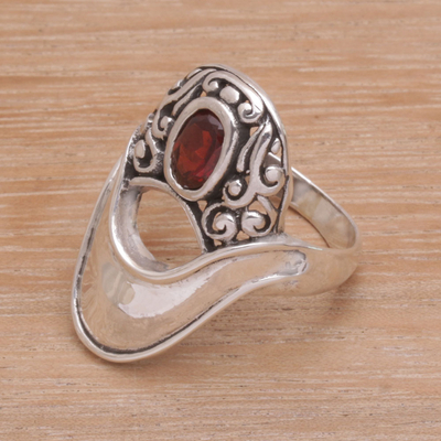 Garnet cocktail ring, 'Twilight View' - Garnet and Sterling Silver Modern Balinese Cocktail Ring