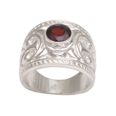 Garnet cocktail ring, 'Misty Trace' - Ornate Balinese Garnet and Sterling Silver Cocktail Ring