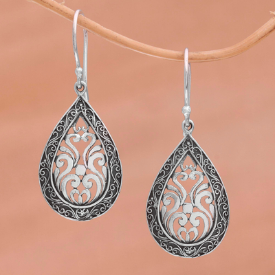 Sterling silver dangle earrings, 'Silver Drop' - Sterling Silver Balinese Tendrils Tear Drop Dangle Earrings