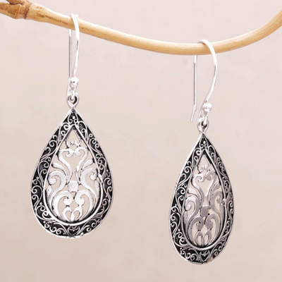 Sterling silver dangle earrings, 'Silver Drop' - Sterling Silver Balinese Tendrils Tear Drop Dangle Earrings