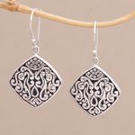 Sterling silver dangle earrings, 'Paradise Window' - Sterling Silver Diamond-Shaped Scroll Work Dangle Earrings