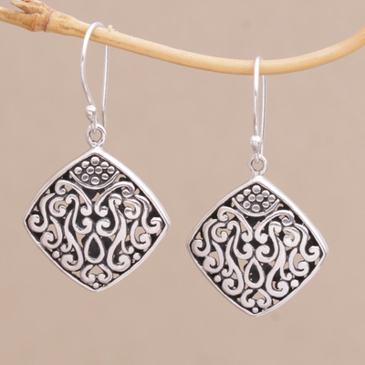 Sterling silver dangle earrings, 'Paradise Window' - Sterling Silver Diamond-Shaped Scroll Work Dangle Earrings