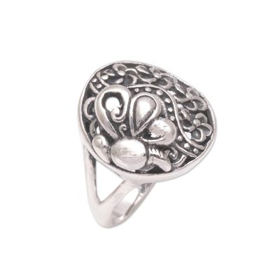 Sterling silver cocktail ring, 'Flying In the Garden' - 925 Sterling Silver Butterfly Flower Garden Cocktail Ring