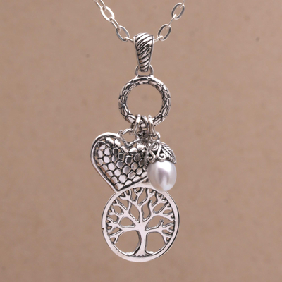 Cultured pearl pendant necklace, 'Love in the Forest' - Heart and Tree Cultured Pearl Pendant Necklace from Bali