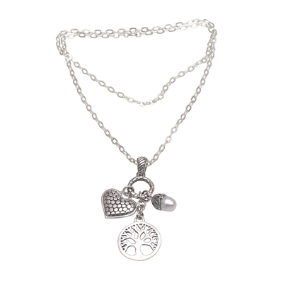 Cultured pearl pendant necklace, 'Love in the Forest' - Heart and Tree Cultured Pearl Pendant Necklace from Bali
