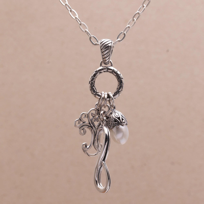 Cultured pearl pendant necklace, 'Infinite Nature' - Cultured Pearl Tree Pendant Necklace from Bali