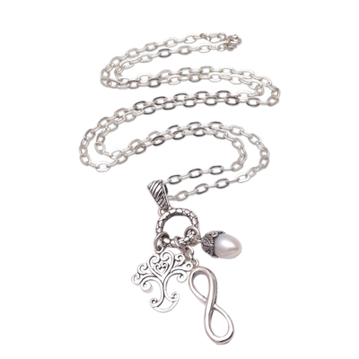 Cultured pearl pendant necklace, 'Infinite Nature' - Cultured Pearl Tree Pendant Necklace from Bali