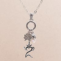 Cultured pearl pendant necklace, 'Om Bloom' - Lotus and Om Cultured Pearl Pendant Necklace from Bali
