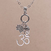 Cultured pearl pendant necklace, 'Love Meditation' - Floral Meditative Cultured Pearl Necklace from Bali