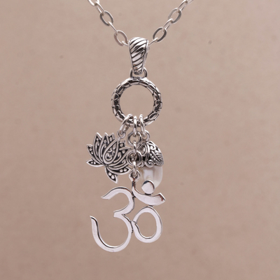Cultured pearl pendant necklace, 'Love Meditation' - Floral Meditative Cultured Pearl Necklace from Bali