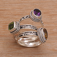 Multi-gemstone stacking rings, 'Perfect Prism' (set of 3) - Multi-Gemstone Sterling Silver Stacking Rings (Set of 3)