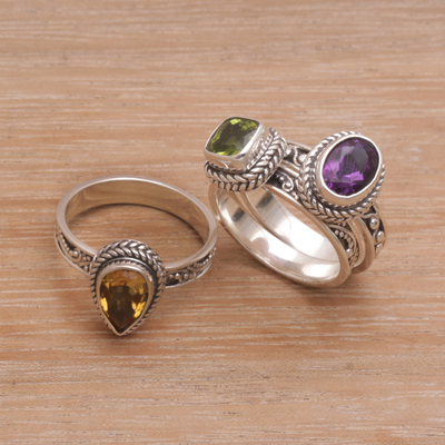 Multi-gemstone stacking rings, 'Perfect Prism' (set of 3) - Multi-Gemstone Sterling Silver Stacking Rings (Set of 3)