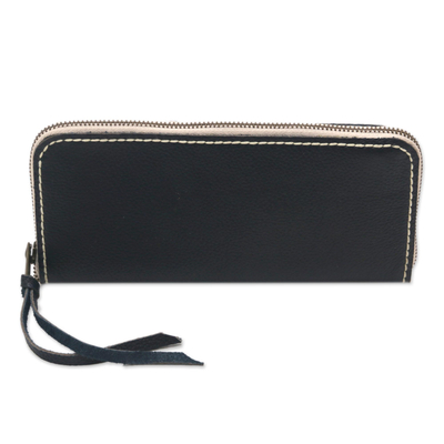 Leather wallet, 'Sophisticated Ebony' - Handcrafted Leather Wallet in Ebony from Java