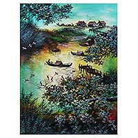 'Java Lake' - Signed Impressionist Painting of a Lake from Java