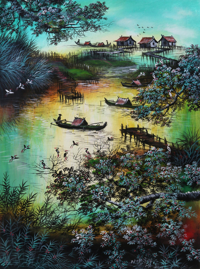 'Java Lake' - Pintura impresionista firmada de un lago de Java