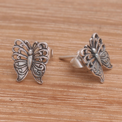Sterling silver stud earrings, 'Fluttering Beauty' - Balinese Handmade Sterling Silver Butterfly Stud Earrings