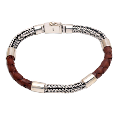 Men's sterling silver and leather bracelet, 'Stay Strong in Brown' - Men's Sterling Silver and Leather Wristband Bracelet
