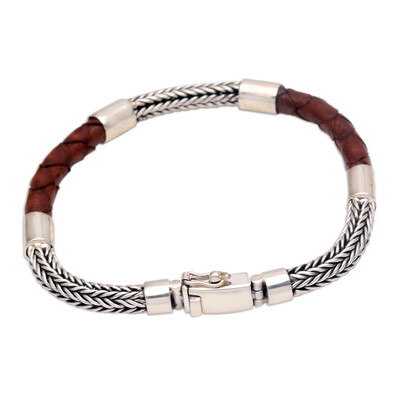 Men's sterling silver and leather bracelet, 'Stay Strong in Brown' - Men's Sterling Silver and Leather Wristband Bracelet