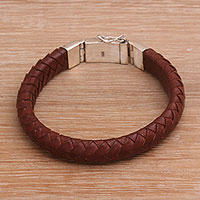 Men's leather and sterling silver wristband bracelet, 'Shrine Weave in Brown' - Men's Brown Leather Braided Wristband Bracelet from Bali