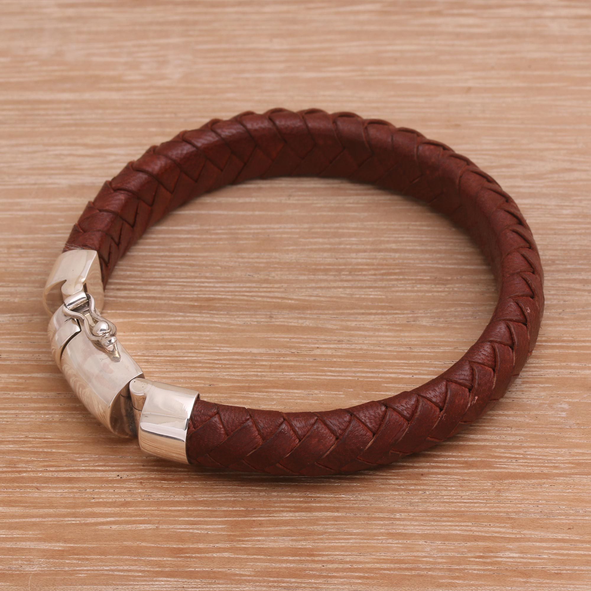 Men's Brown Leather Braided Wristband Bracelet from Bali Shrine Weave in Brown NOVICA
