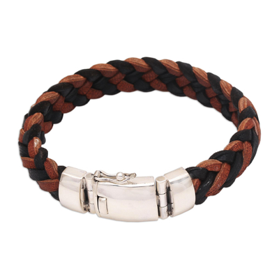 Unique Silver Clasp Brown and Black Leather Braided Wristband Bracelet
