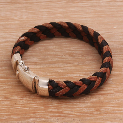 Men's leather and sterling silver wristband bracelet, 'Kintamani Fusion' - Men's Black and Brown Leather Braided Wristband Bracelet