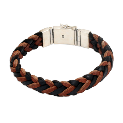 Men's leather and sterling silver wristband bracelet, 'Kintamani Fusion' - Men's Black and Brown Leather Braided Wristband Bracelet