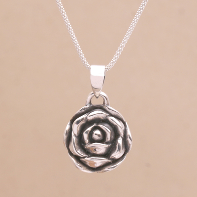 Sterling silver pendant necklace, 'My Rosette' - Sterling Silver Rose Pendant Necklace from Bali