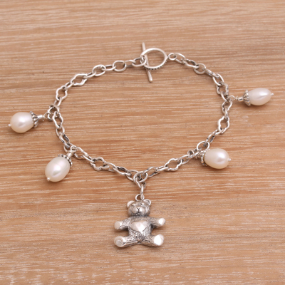 Cultured pearl charm bracelet, 'Precious Teddy' - Cultured Freshwater Pearl and Teddy Bear Charm Bracelet