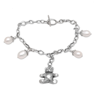 Cultured Freshwater Pearl and Teddy Bear Charm Bracelet