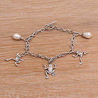 Cultured pearl charm bracelet, 'Frog Dance'