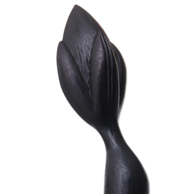 Wood back scratcher, 'Lotus Ease in Black' - Black Lotus Flower Wood Hand Back Scratcher from Bali